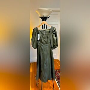NWT Calvin Klein army green faux leather A-line dress. Size 2.